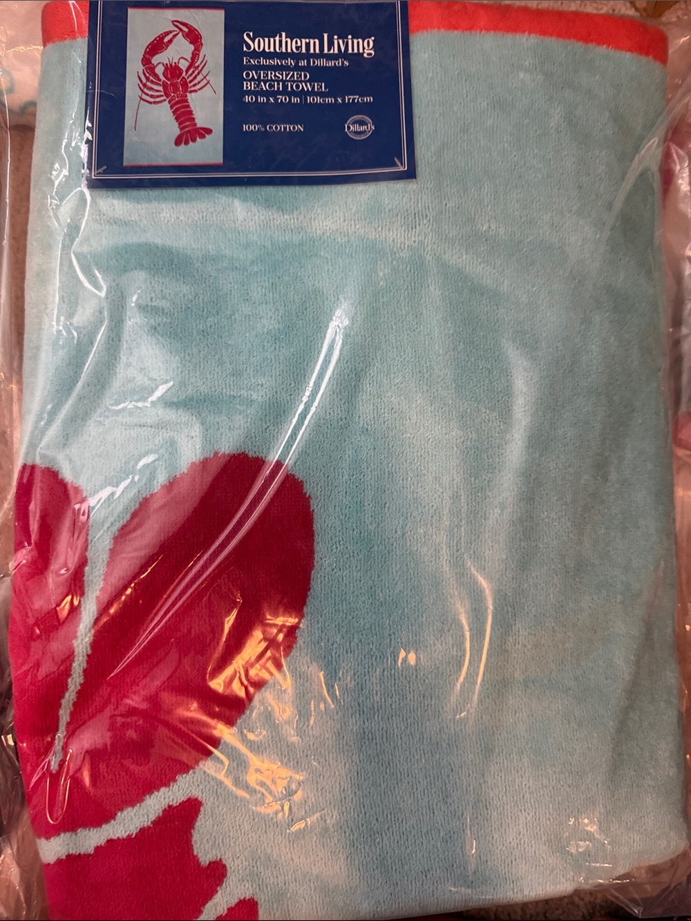 Southern Living Red Lobster Print on Light Blue Oversized Beach Towel 40x70